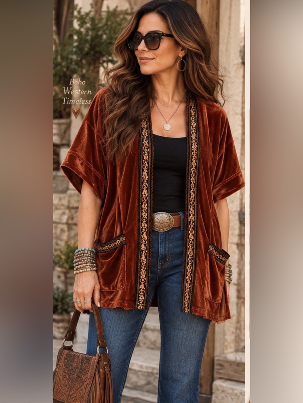 Silverado Velvet Kimono XS Silk Blend Rust Embroidered Western Boho Made USA